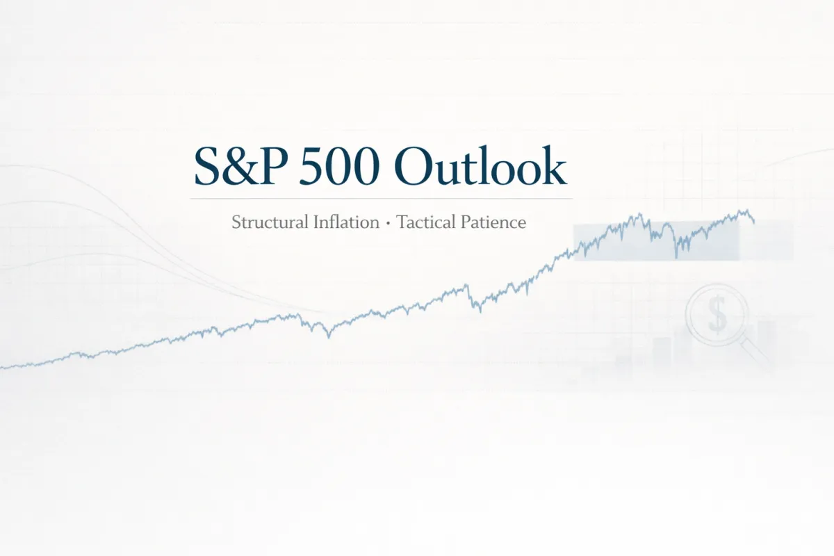 S&P 500 market outlook cover image showing a long-term upward price trend with the title “S&P 500 Outlook” and the subtitle “Structural Inflation · Tactical Patience”