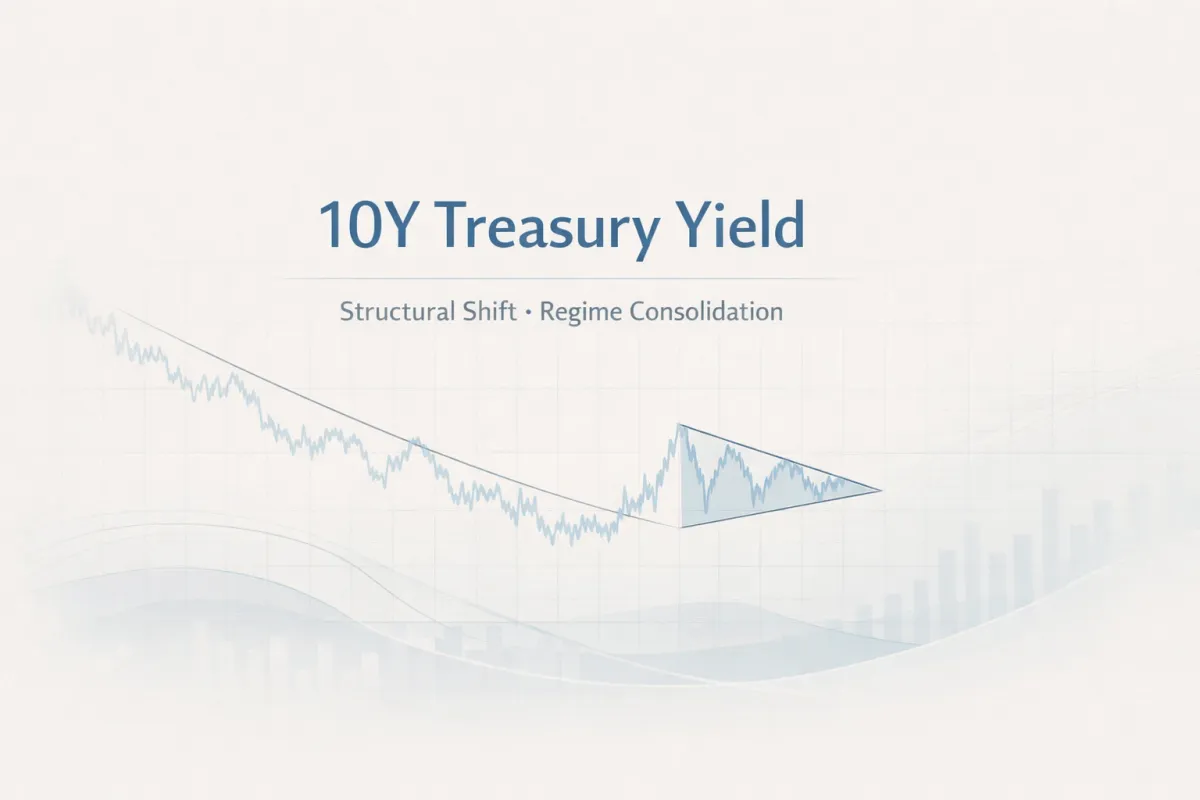 Stylized chart of the 10-year U.S. Treasury yield showing a long-term decline, a structural break, and a recent consolidation pattern, illustrating a post-2020 regime shift.