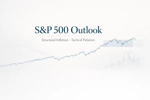 S&P 500 market outlook cover image showing a long-term upward price trend with the title “S&P 500 Outlook” and the subtitle “Structural Inflation · Tactical Patience”