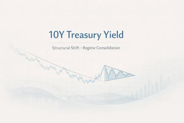 Stylized chart of the 10-year U.S. Treasury yield showing a long-term decline, a structural break, and a recent consolidation pattern, illustrating a post-2020 regime shift.