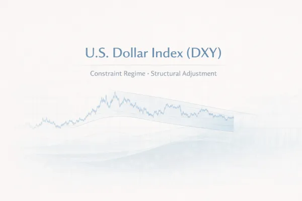Minimalist featured image of the U.S. Dollar Index (DXY) with a subtle price line and abstract structural elements on a light background.